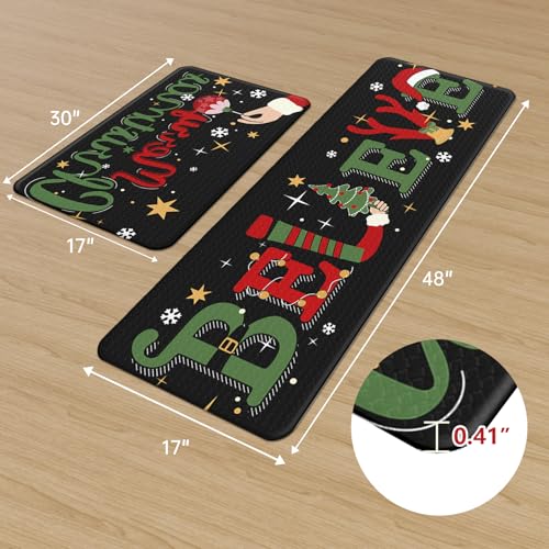 Dintszyayue Christmas Kitchen Rug Set 2 pcs Non Slip Santa Snowman 17x30+17x48 Black