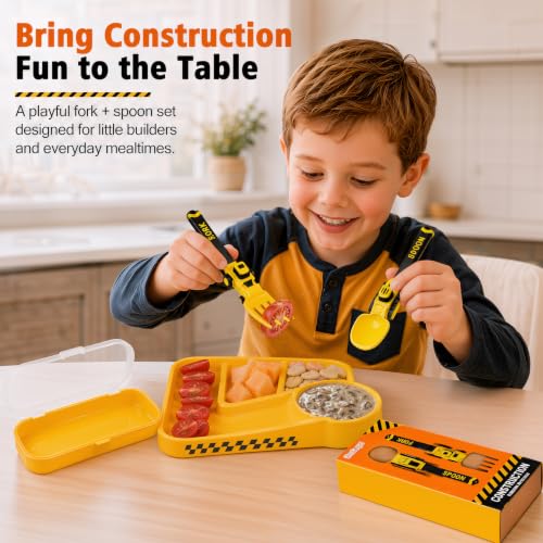 Construction Toddler Utensils Fork and Spoon Set with Storage Case