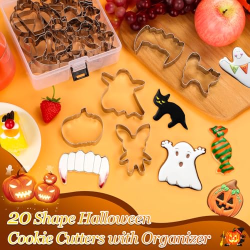 Lezmarket 20Pcs Halloween Cookie Cutters Set - Stainless Steel Shapes for Ghosts, Pumpkins, Cats, Bats, Coffins, Witch Hats (Halloween variation)