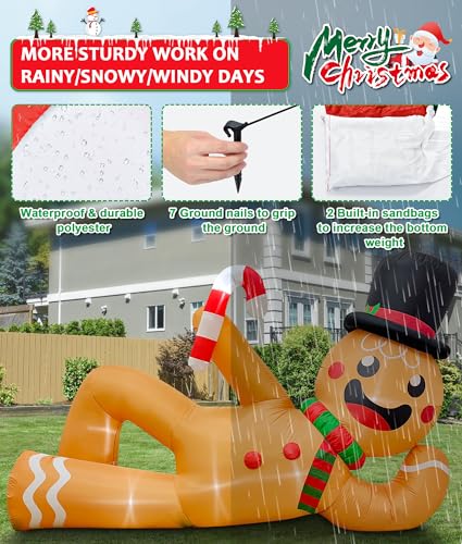 EAONE 10 FT Inflatable Gingerbread Man Lying Flat Christmas Yard Decoration with LED Lights