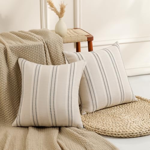 Striped Linen Throw Pillow Cover 18x18 - Farmhouse Cushion Cover, Grey