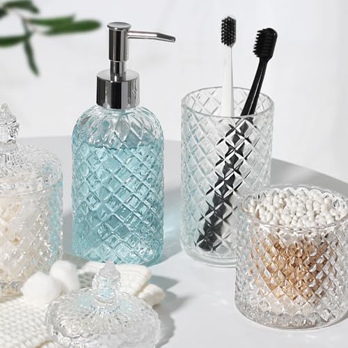 4-Piece Diamond Pattern Glass Bathroom Accessory Set - Counter Organizer