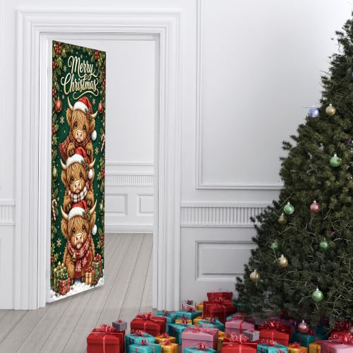 White Highland Cow Christmas Door Cover 35x79in - Holiday Seasonal Decor