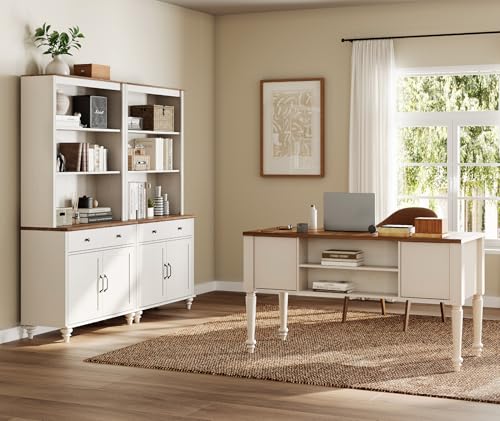 Farmhouse Executive Desk and Tall Bookcase Set with Charging Station