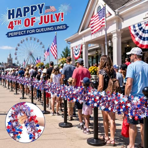 50ft Patriotic Red White Blue Metallic Tinsel Star Garland for 4th of July