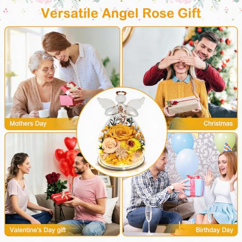 SerPro Preserved Rose Angel Figurine with Warm LED Lights in Glass Dome (Yellow) — Gifts for Women
