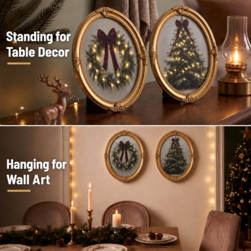 2 Pcs Vintage Gold Framed Wall Art 8x10 Oval Bow & Wreath Set (Pinkunn) - Pre Framed Canvas
