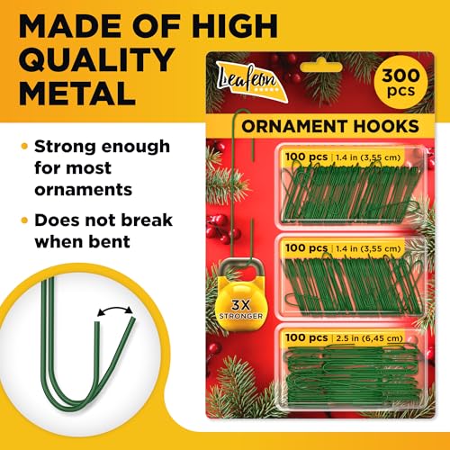 Green Christmas Ornament Hooks (300 Pack) - Reusable Metal Holiday Hangers