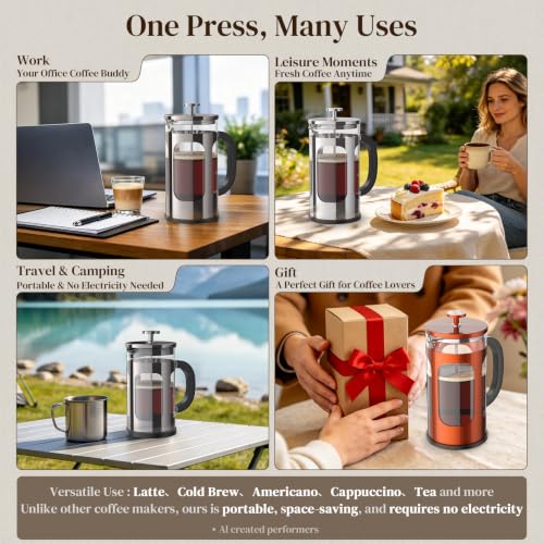 French Press Coffee Maker 34 oz - Plastic-Free Glass & Stainless Steel