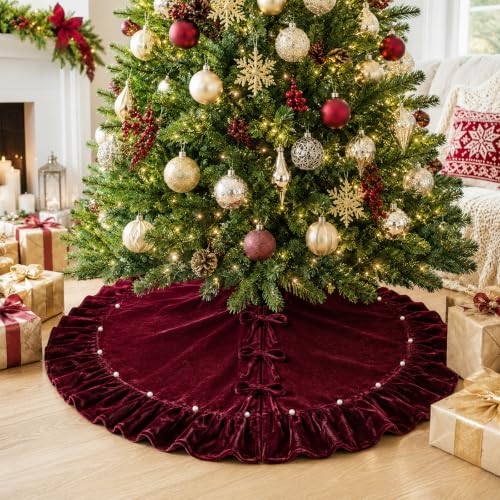 59 Inch Burgundy Velvet Christmas Tree Skirt with Pearl Trim Edge & Bow Ties (150 cm) – AtiMing, Burgundy with Pearl