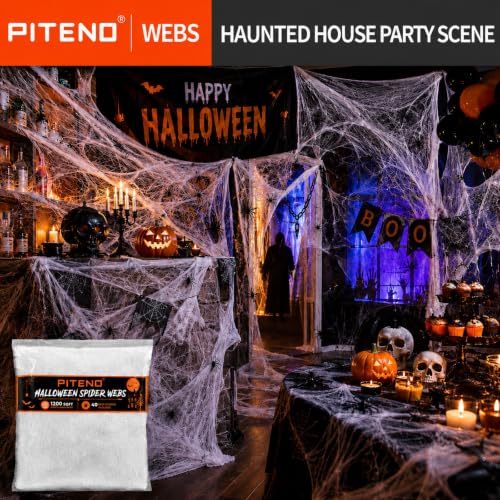 Piteno Stretchable Halloween Spider Webs with 40 Fake Spiders - 1200 Sq Ft White Cobwebs for Indoor and Outdoor Yard Decor