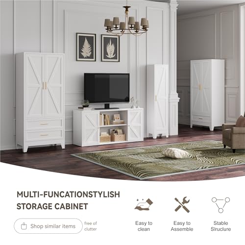 71-Inch Metal Wardrobe Armoire with Hanging Rod and 2 Drawers - White