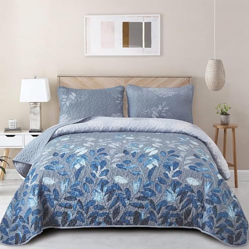 Blue Floral Quilt Set - California King, 3-Piece Microfiber Bedding