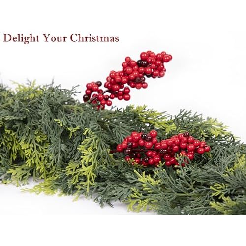 Artificial 32 Pcs Red Berry Stems, Holly Berry Stems Xmas Red Berry Picks with Fruit Clusters for Christmas Tree Decor Wreath Garland DIY Crafts Home Holiday Wedding Decoration (Two-Tone Red)