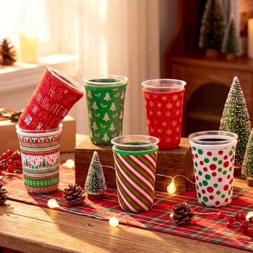 Xmas 12 Pcs Reusable Christmas Coffee Sleeves Insulator Red Green Holiday Design
