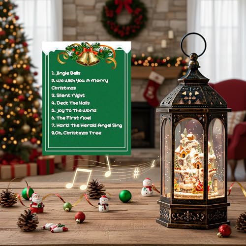 Qualdout Animated Christmas Village with Moving Figurines Lighted Water Lantern, USB & Battery Operated Snow Globe - Holiday Decor & Gifts