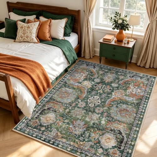 Washable Vintage Tribal Area Rug 5x7 - Non-Slip Low-Pile Green Rug