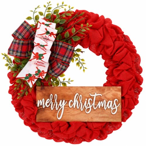 16-Inch Rustic Christmas Wreath for Front Door with Burlap & Wooden Sign