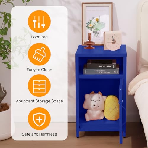 Metal Nightstand with Lockable Cabinet, Industrial Bedside Table in Blue