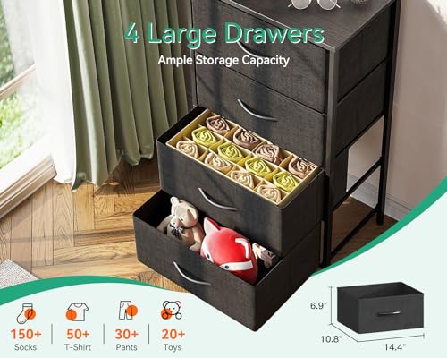 Small 4-Drawer Fabric Dresser with Wood Top & Steel Frame, Black