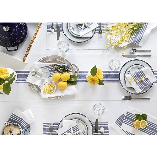 Solino Home 100% Pure Linen Table Runner Navy & White Stripe 14x36 in - Handcrafted Farmhouse Decor