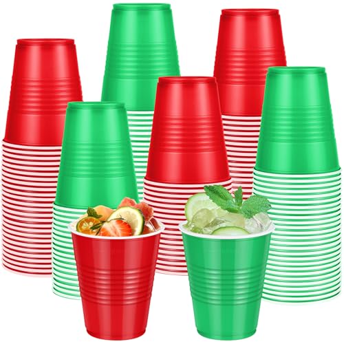Red and Green Christmas Plastic Cups 12oz - 100 Pack, Disposable Holiday Party Supplies