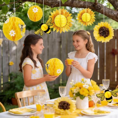 Sunflower and Bee Honeycomb Hanging Decorations, 3D Tissue Paper Party Decor