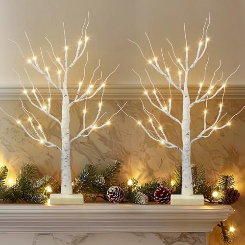 2-Pack 2 FT Lighted Birch Trees with LED Lights for Tabletop Decor