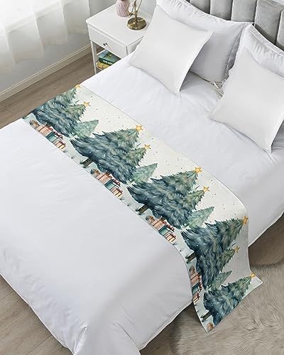Christmas Tree Bed Runner for Queen Bed - Satin Bed Scarf, 83x20 Inch