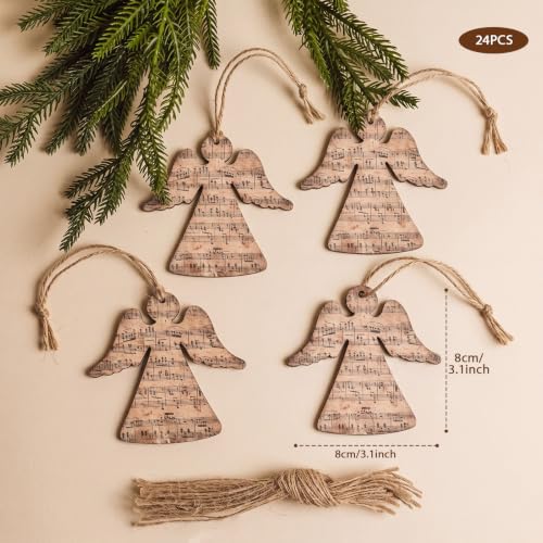 24 Wooden Angel Christmas Ornaments with Music Sheet Design - Holiday Holiday Decor