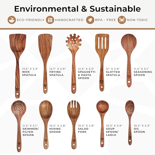 10-Piece Teak Wooden Spoons & Cooking Utensil Set for Nonstick Pans