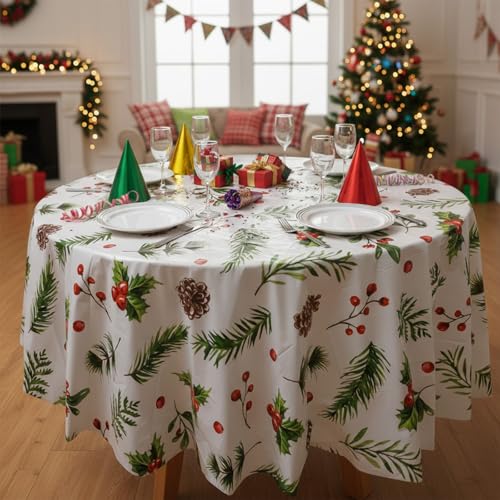 Oudain 6 Pack Christmas Round Tablecloth 84 Inch Holly Berry Cover for Holiday Dining