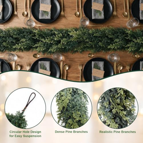 POOWUUDT 12FT Artificial Cedar Garland Christmas Holiday Decor Indoor Outdoor