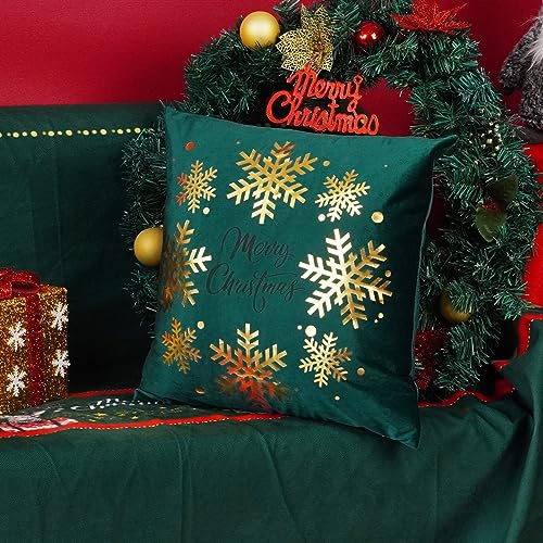 ONWAY Green Christmas Decorations Gold Throw Pillow Covers 18x18 Set of 4 Snowflakes Reindeer Decorative Cushion Cases Xmas Golden Decor for Couch Sofa Bedroom