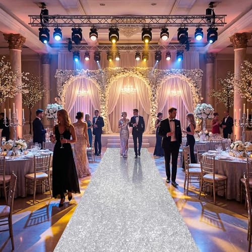 QueenDream Silver Sequin Aisle Runner 4ft x 20ft Wedding & Party Carpet - Glitter Fabric for Indoor & Outdoor Decor