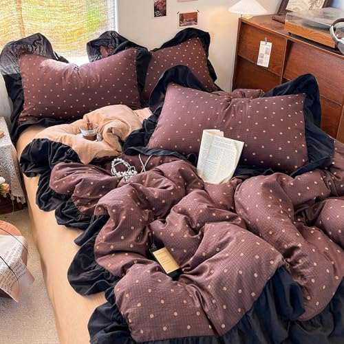 Brown Polka Dot Ruffle Duvet Cover King | Soft Double Gauze Bedding Set