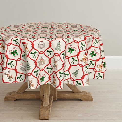 Horaldaily Christmas Round Tablecloth 90 x 90 Inch Teddy Bear House Deer Red