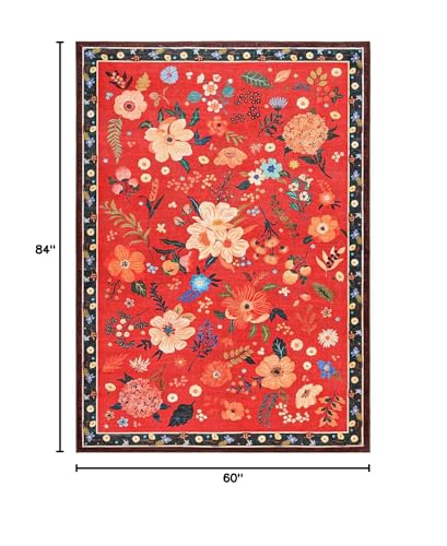 Macgace 5' x 7' Christmas Red Floral Rug for Girls Room - Machine Washable, Non-Slip Backing
