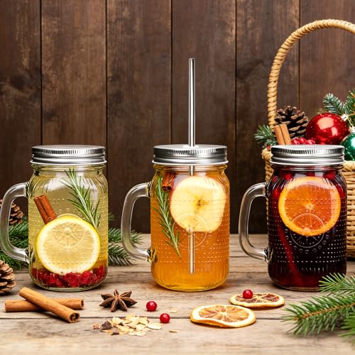 Encheng Silver Mason Jar Cups with Handle 16 oz, Vintage Glass Drinkware with Lids & Straws – Reusable Food Storage & Beverage Glasses, 12 Pack