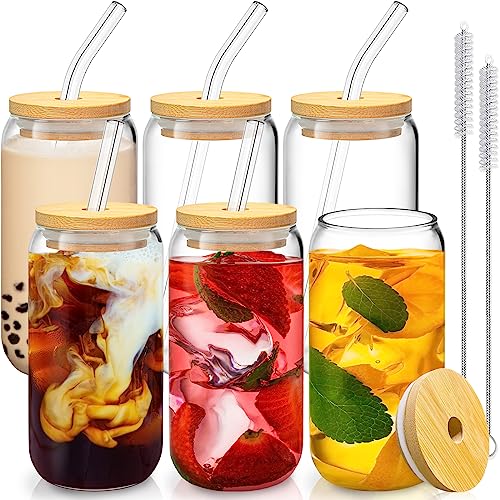 16 Oz Glass Can Cups with Bamboo Lids and Straws - 6 Piece Set