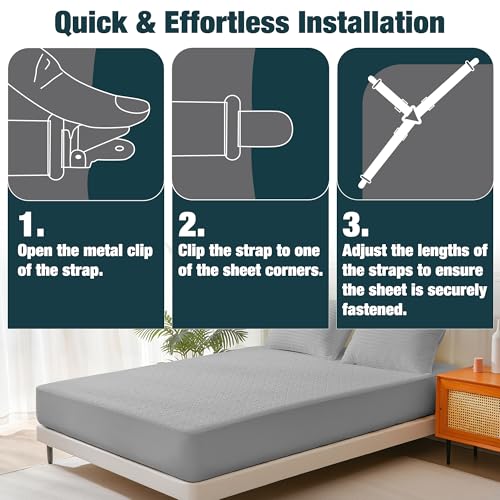 Bed Sheet Fasteners - 4 Pack Adjustable Elastic Straps with Metal Clips