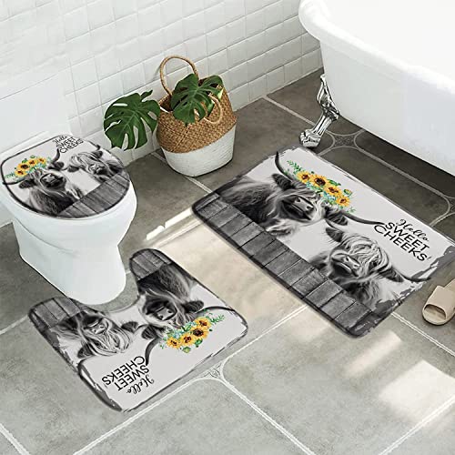 3-Piece Highland Cow Bathroom Mat Set, Rustic Farmhouse Bath Rug & Toilet Lid