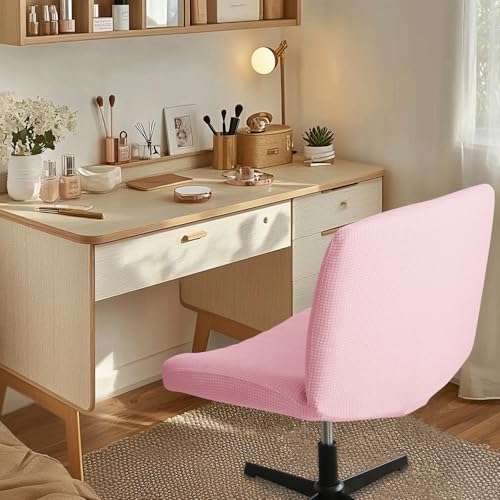 Water Resistant Criss Cross Armless Chair Cover - Pink Stretchable Slipcover for Wide Desk Chairs