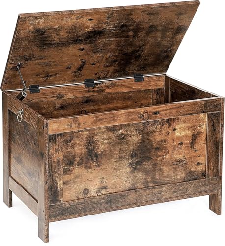 Rustic Brown Wooden Storage Chest and Bench with Safety Hinge
