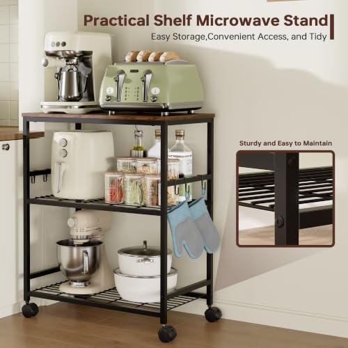3-Tier Kitchen Rolling Cart, Microwave Stand with Lockable Wheels, Brown