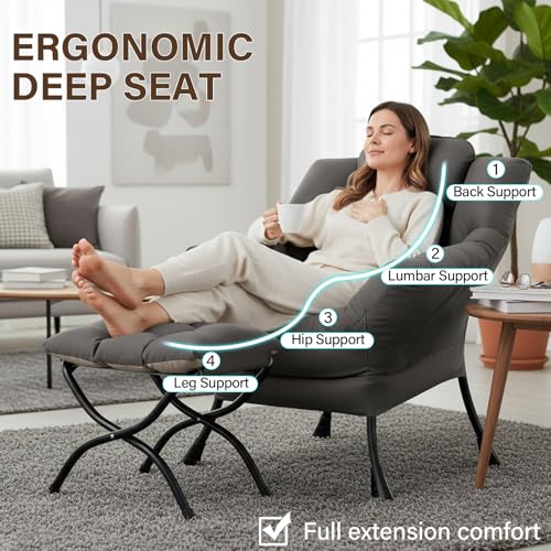 Ergonomic Lazy Lounge Chair with Foldable Ottoman, Dark Grey