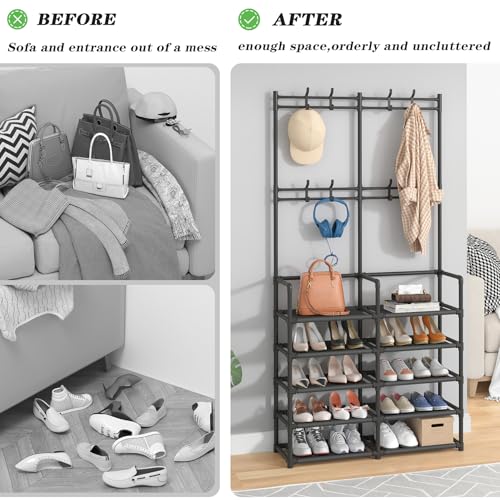 5-Tier Entryway Hall Tree with Shoe Rack and 8 Hooks, Black Storage Organizer
