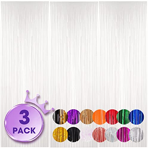 Voircoloria White Pastel Foil Fringe Curtains 3.3x8.2ft 3 Pack - White