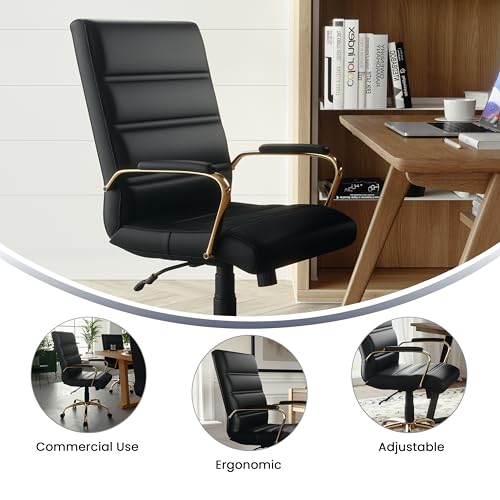 Mid-Back Swivel Office Chair with Gold Frame and Padded Armrests