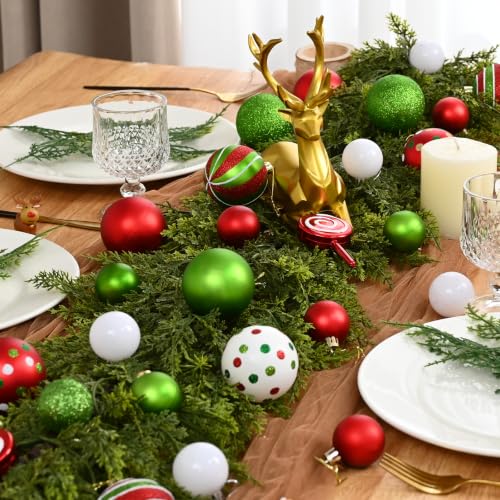 94Pcs Christmas Ornament Set - Red & Green Holiday Tree Decorations with Faux Fur Ribbon